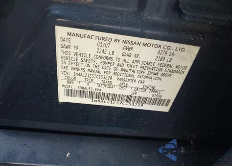 2007 Nissan Altima 2.5 S from USA, damaged, VIN 1N4AL21E57C153229